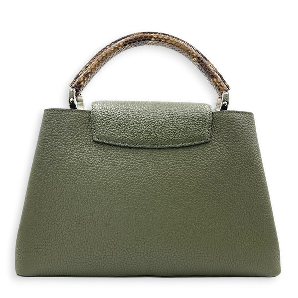 Capucines Top Handle Bag Green in Taurillon Leather, Silver hardware