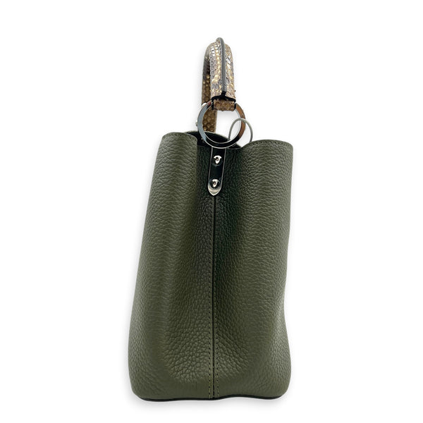 Capucines Top Handle Bag Green in Taurillon Leather, Silver hardware