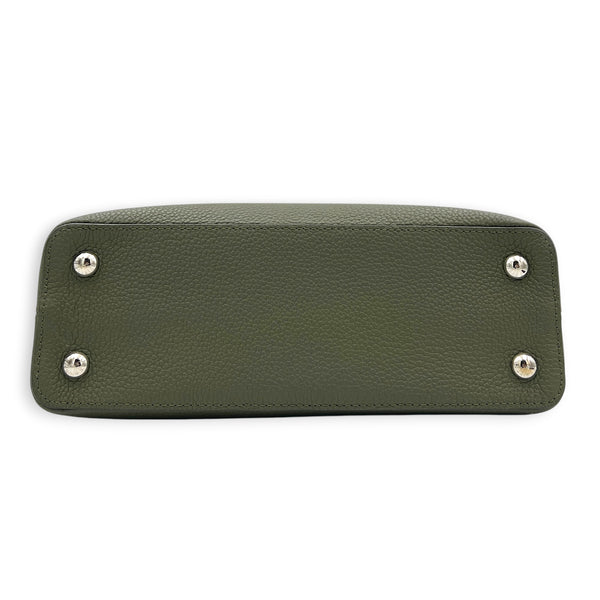 Capucines Top Handle Bag Green in Taurillon Leather, Silver hardware