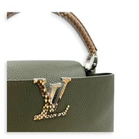 Capucines Top Handle Bag Green in Taurillon Leather, Silver hardware