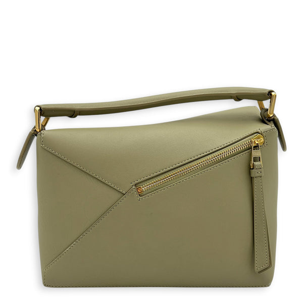 Puzzle Small Green Top Handle Bag in Calfskin, Gold hardware