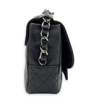 Flap Shoulder Bag Black Metallic in Caviar Leather, Silver hardware