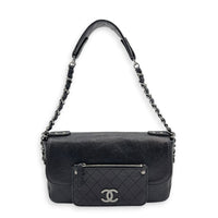 Flap Shoulder Bag Black Metallic in Caviar Leather, Silver hardware