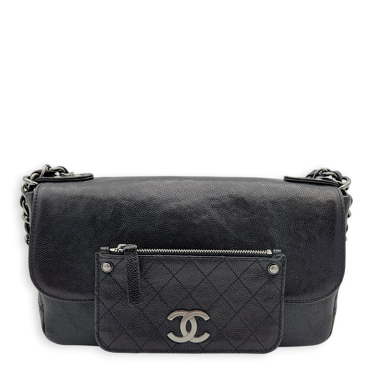 Flap Shoulder Bag Black Metallic in Caviar Leather, Silver hardware