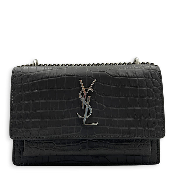 Sunset Shoulder Bag Mini Grey in Crocodile Embossed Calfskin, Silver hardware