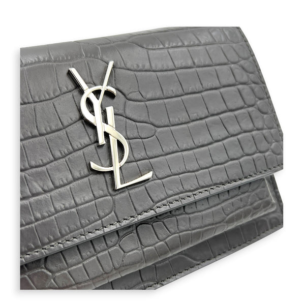 Sunset Shoulder Bag Mini Grey in Crocodile Embossed Calfskin, Silver hardware