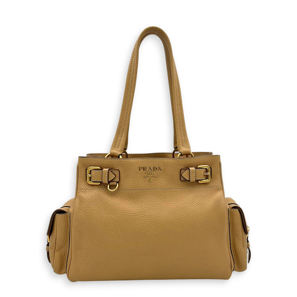 Logo Tote Bag Beige in Calfskin, Gold hardware