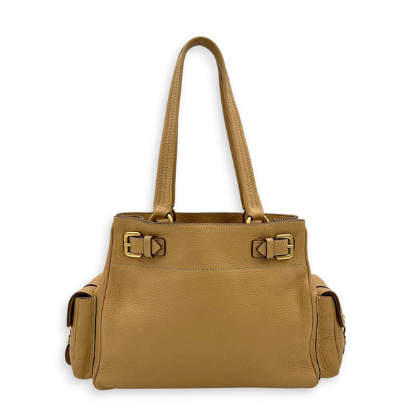 Logo Tote Bag Beige in Calfskin, Gold hardware