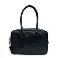 Bauletto Top Handle Bag Nero in Saffiano Leather, Silver hardware