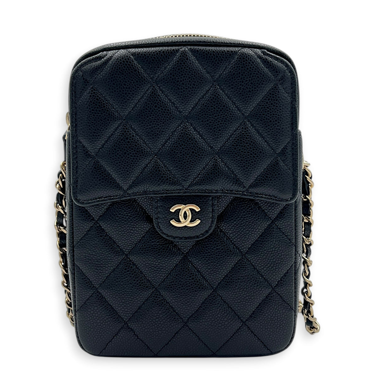Quilted Vertical Flap Crossbody Bag Black in Caviar Leather, Gold hardware