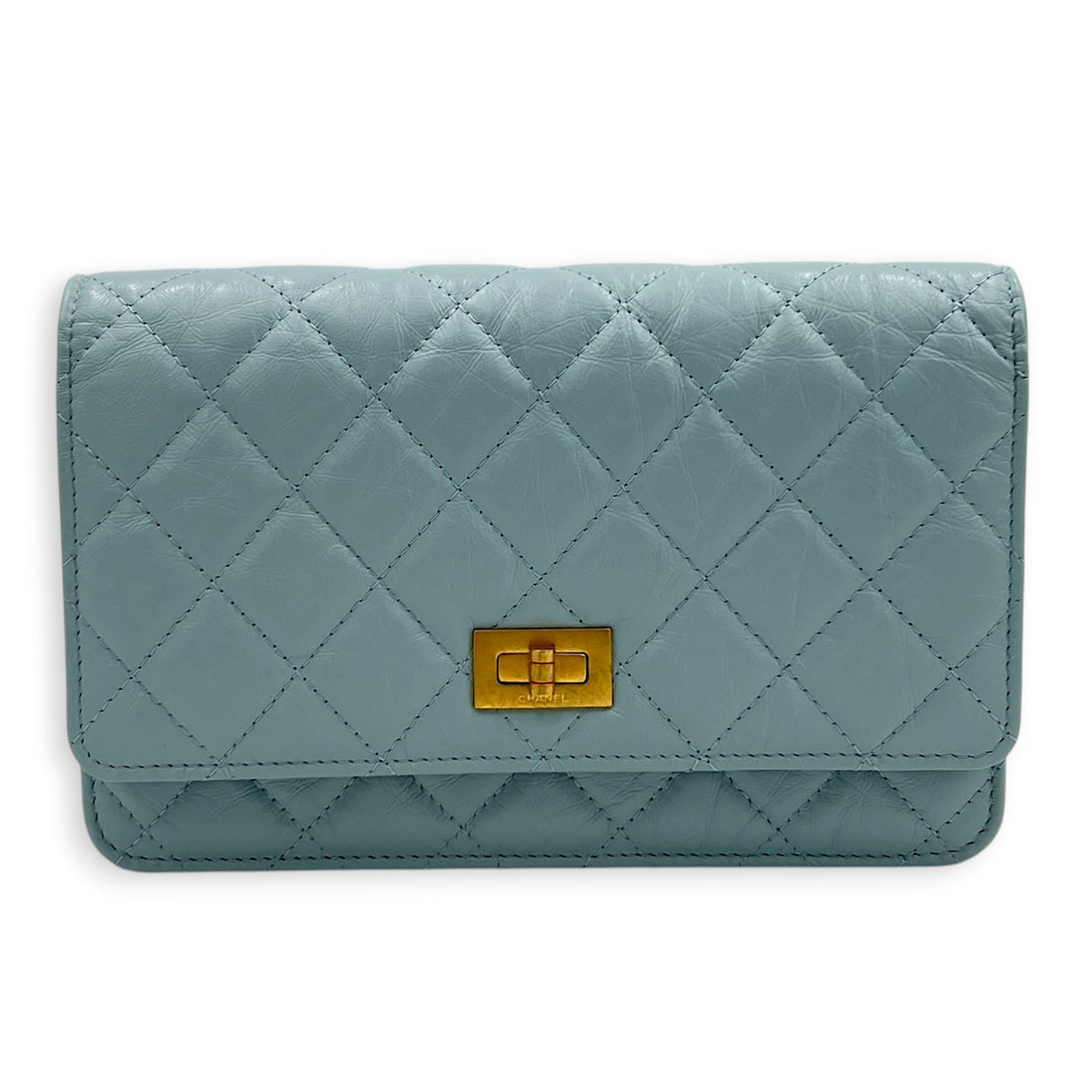 2.55 Wallet On Chain Light Blue in Calfskin, Gold hardware