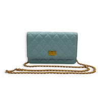 2.55 Wallet On Chain Light Blue in Calfskin, Gold hardware