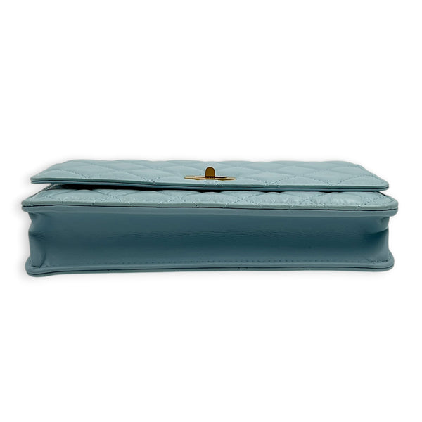 2.55 Wallet On Chain Light Blue in Calfskin, Gold hardware