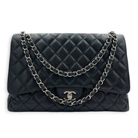 Classic Shoulder Bag Single Flap Maxi Black in Caviar Leather, Silver hardware