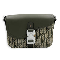 Saddle Shoulder Bag Green in Coated Canvas, Silver hardware