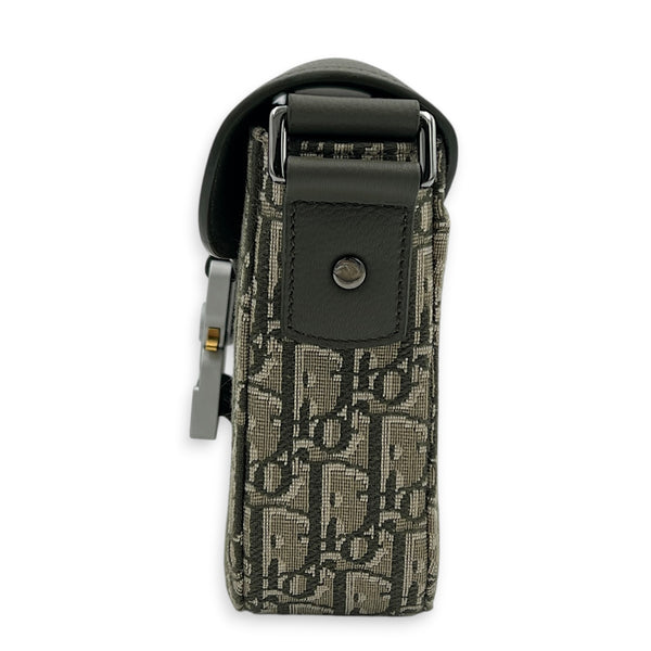 Saddle Shoulder Bag Green in Coated Canvas, Silver hardware