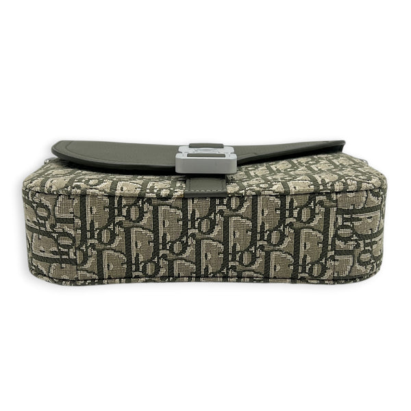 Saddle Shoulder Bag Green in Coated Canvas, Silver hardware