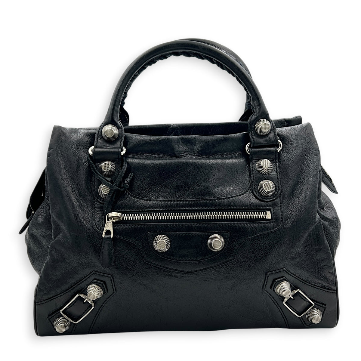 Giant 21 Top Handle Bag Black in Distressed Leather, Silver hardware