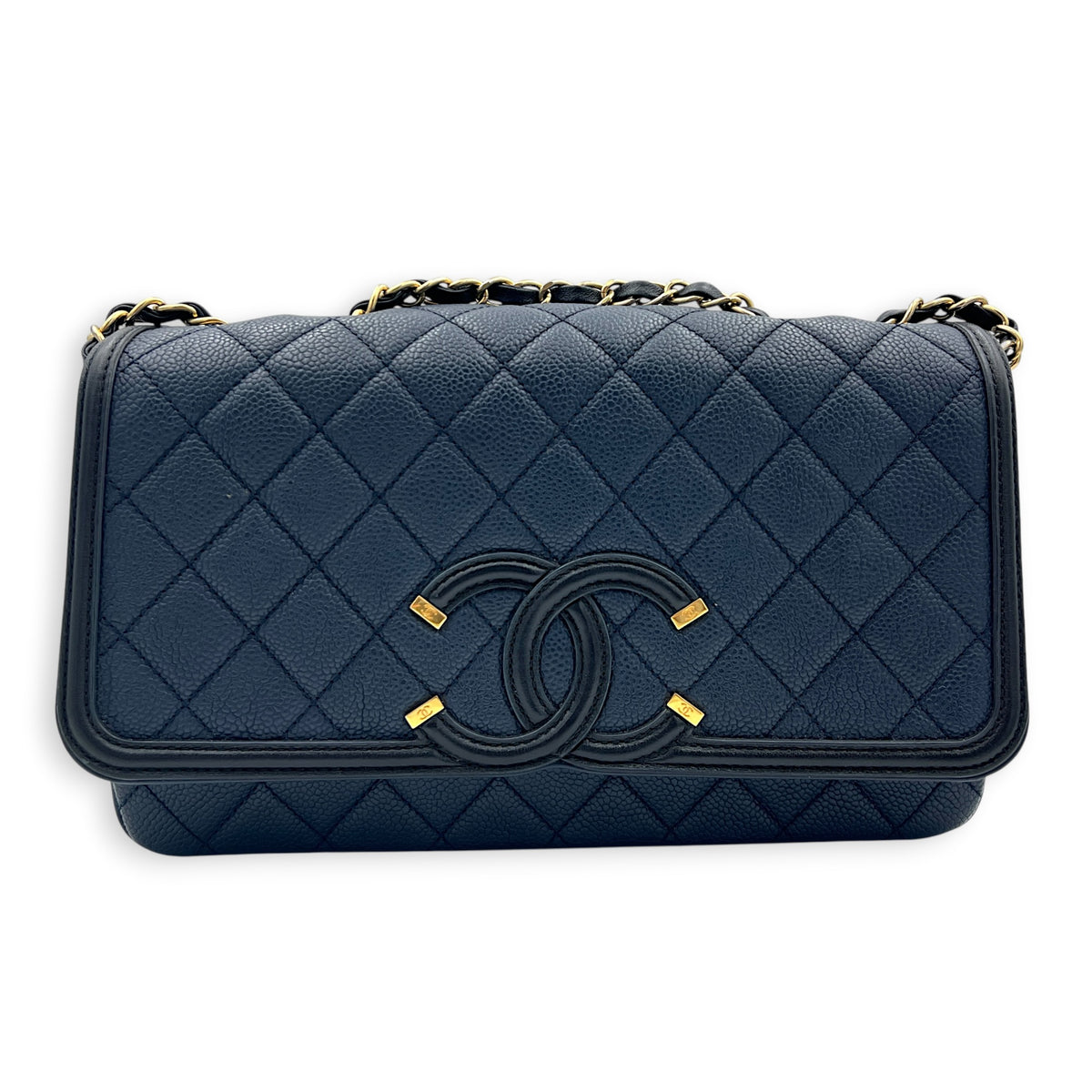 CC Filigree Shoulder Bag Medium Navy in Caviar Leather, Gold hardware