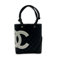 Cambon Black with White CC Logo Tote Bag in Lambskin, Silver hardware