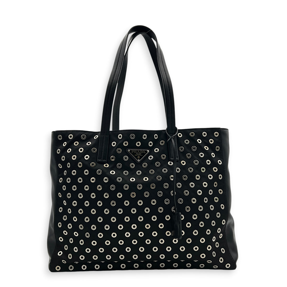Eyelet Black Tote Bag in Re-Nylon, Silver hardware