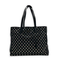 Eyelet Black Tote Bag in Re-Nylon, Silver hardware
