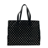 Eyelet Black Tote Bag in Re-Nylon, Silver hardware