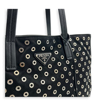 Eyelet Black Tote Bag in Re-Nylon, Silver hardware