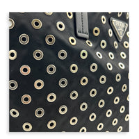Eyelet Black Tote Bag in Re-Nylon, Silver hardware