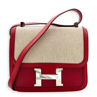 Constance 24 Rouge Pigment Shoulder Bag in Swift/ Toile H Berline, Palladium hardware