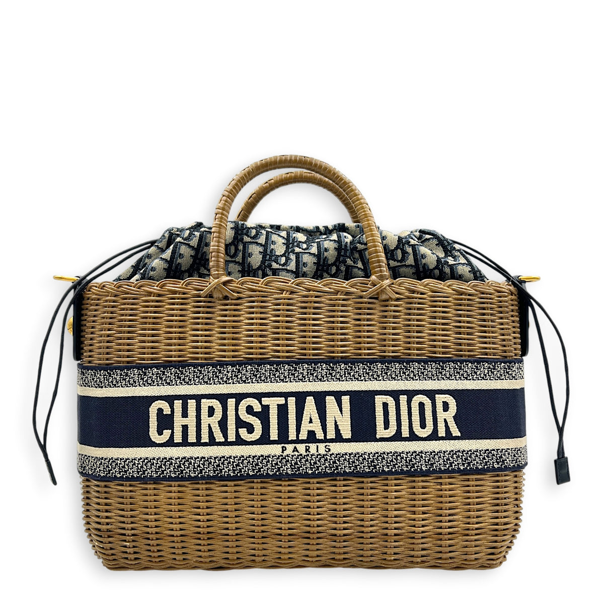 Wicker Tote Bag Natural/Navy in Rattan, Gold hardware