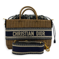 Wicker Tote Bag Natural/Navy in Rattan, Gold hardware