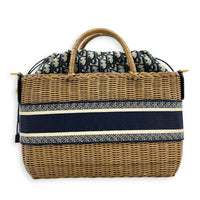 Wicker Tote Bag Natural/Navy in Rattan, Gold hardware