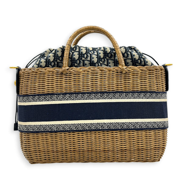 Wicker Tote Bag Natural/Navy in Rattan, Gold hardware