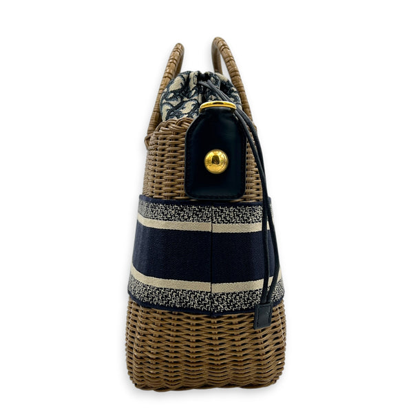 Wicker Tote Bag Natural/Navy in Rattan, Gold hardware