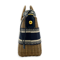 Wicker Tote Bag Natural/Navy in Rattan, Gold hardware
