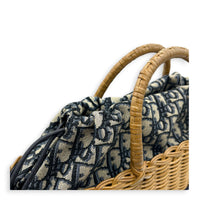 Wicker Tote Bag Natural/Navy in Rattan, Gold hardware