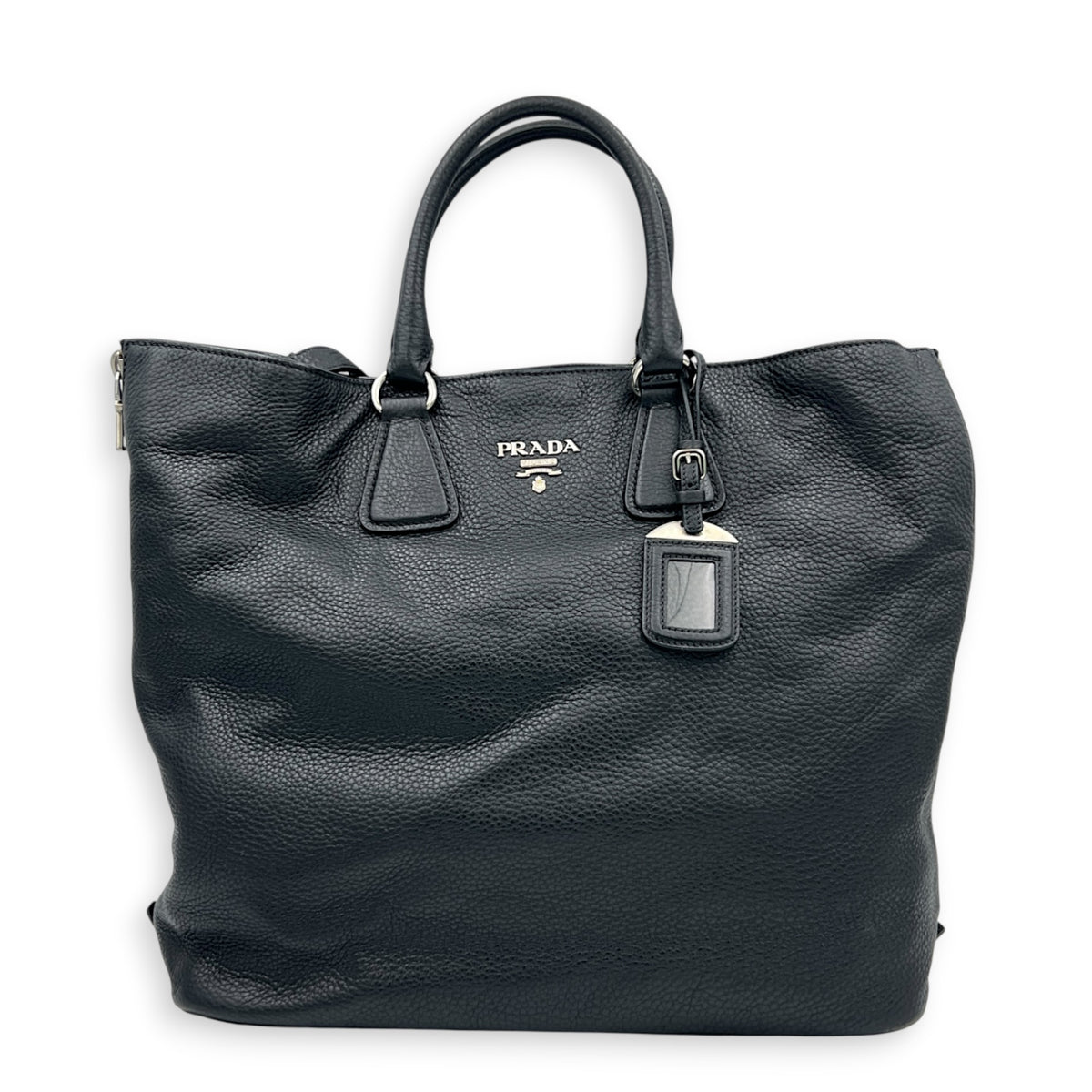 Expandable Zip Black Top Handle Bag in Calfskin, Brushed Silver hardware