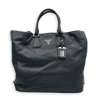 Expandable Zip Black Top Handle Bag in Calfskin, Brushed Silver hardware