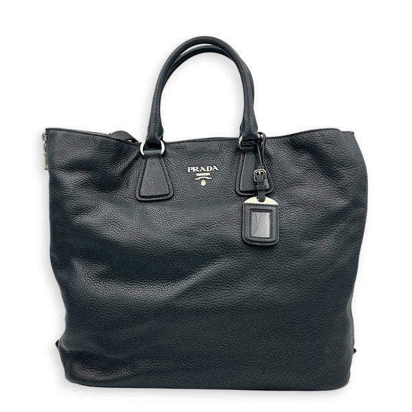 Expandable Zip Black Top Handle Bag in Calfskin, Brushed Silver hardware
