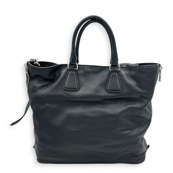 Expandable Zip Black Top Handle Bag in Calfskin, Brushed Silver hardware