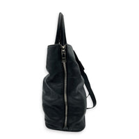 Expandable Zip Black Top Handle Bag in Calfskin, Brushed Silver hardware