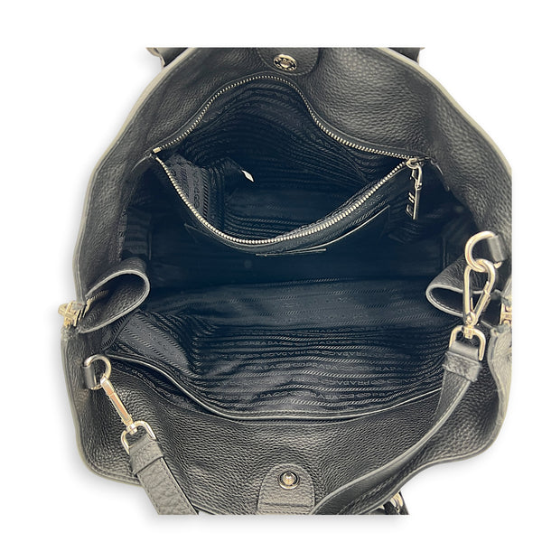 Expandable Zip Black Top Handle Bag in Calfskin, Brushed Silver hardware