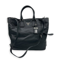 Expandable Zip Black Top Handle Bag in Calfskin, Brushed Silver hardware