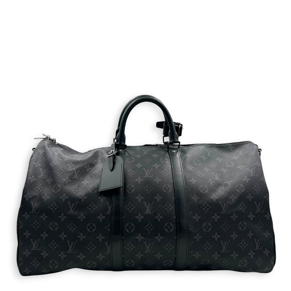 Keepall Top Handle Bag 55 Black in Coated Canvas, Silver hardware