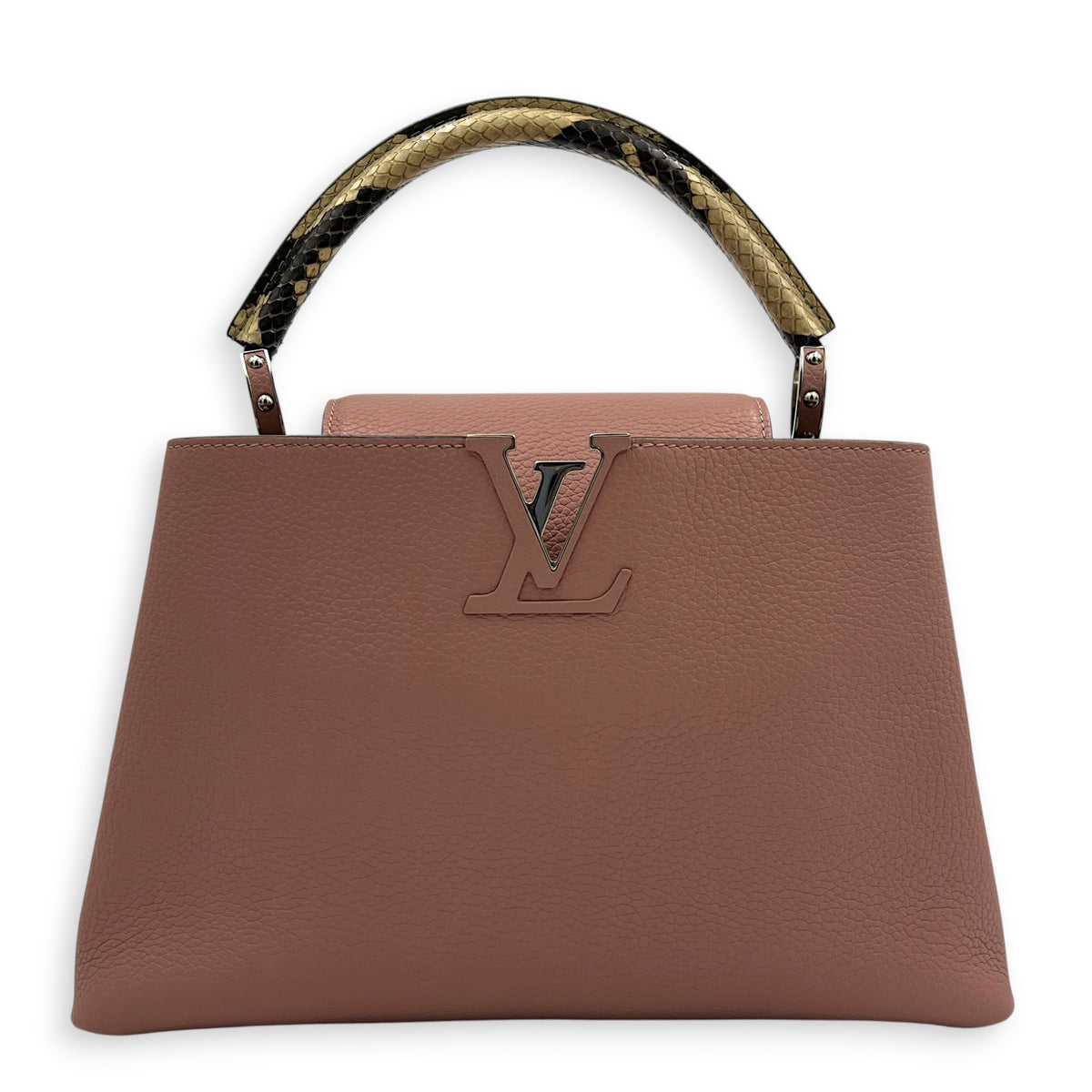 Capucines Top Handle Bag PM Pink in Taurillon Leather, Gold hardware