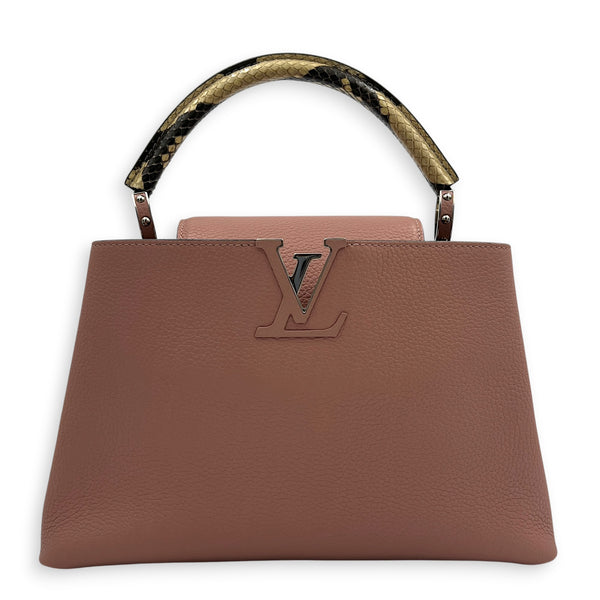 Capucines Top Handle Bag PM Pink in Taurillon Leather, Gold hardware