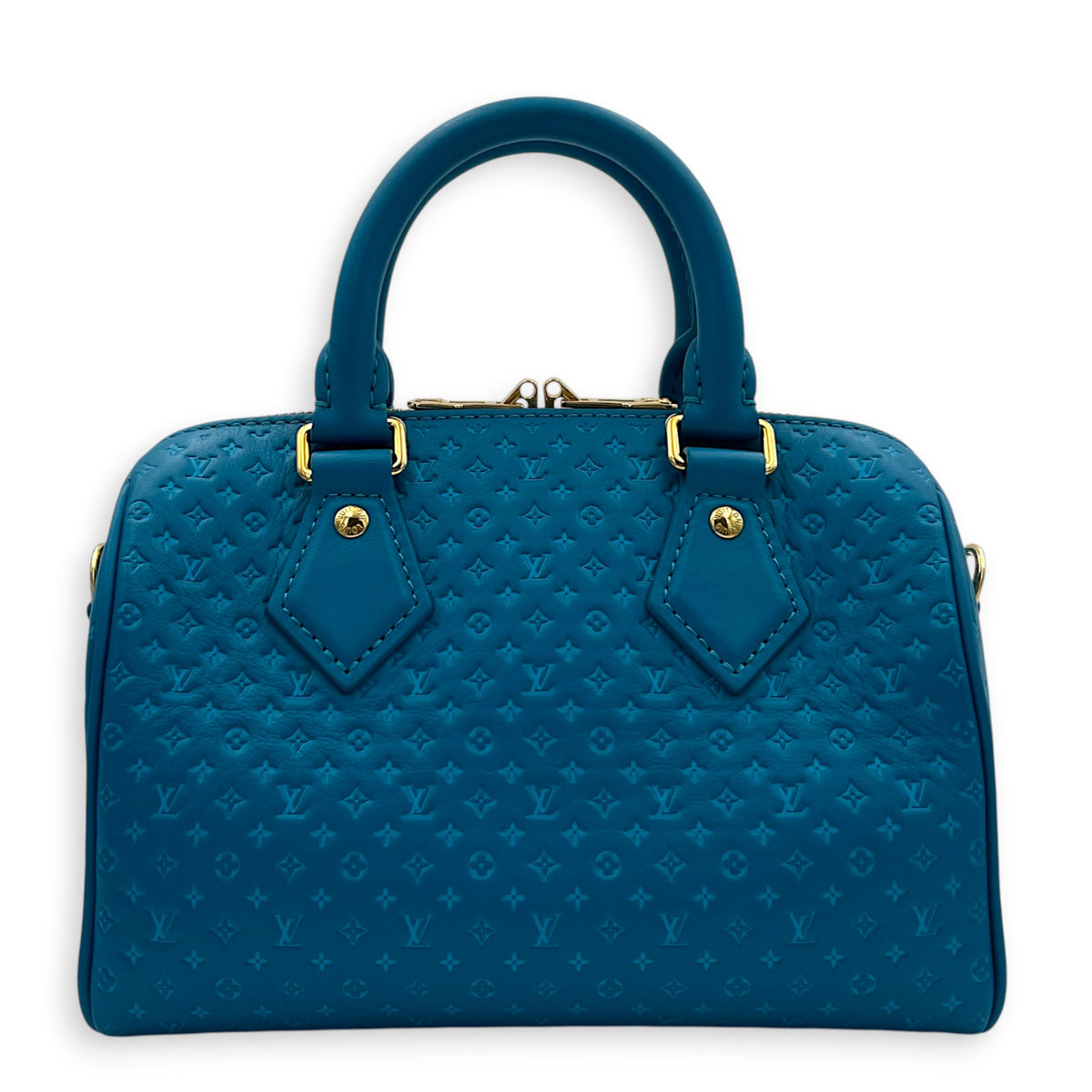 Speedy Top Handle Bag 20 Blue in Nanogram Embossed Leather, Gold hardware
