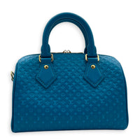 Speedy Top Handle Bag 20 Blue in Nanogram Embossed Leather, Gold hardware
