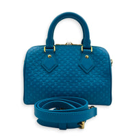 Speedy Top Handle Bag 20 Blue in Nanogram Embossed Leather, Gold hardware